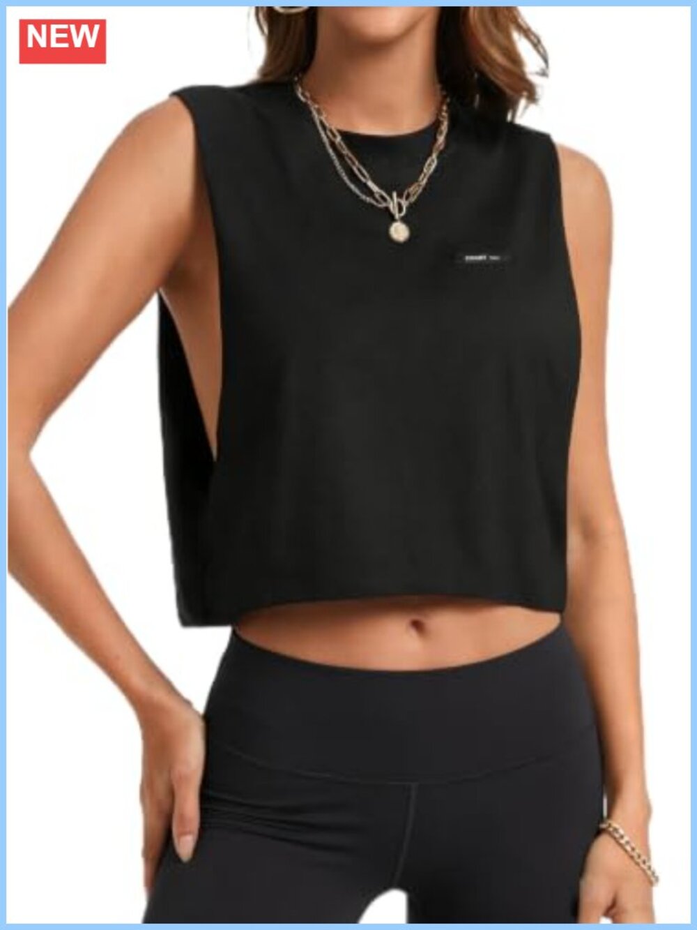 Open Side Cropped Tank Top Sleeveless Crew Neck Cotton Blend Workout Shirt
